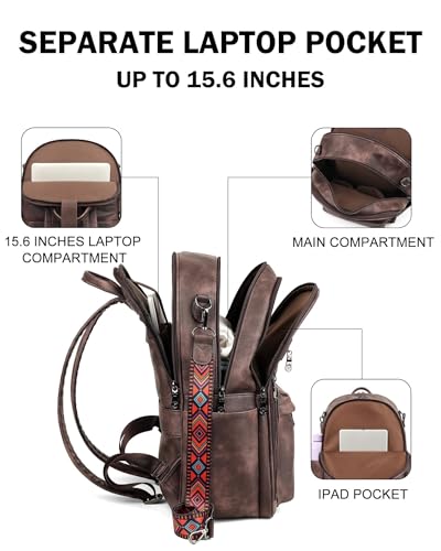 FADEON 15.6 Inch Laptop Backpack Purse for Women, Large Capacity - color: Coffee Brown Retro Style