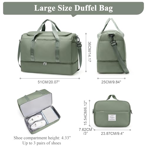 Travel Duffle Bag with Shoes Compartment,Carry-On Weekender Bags for Women - color: Olive Green with Toiletry Bag, size: Large