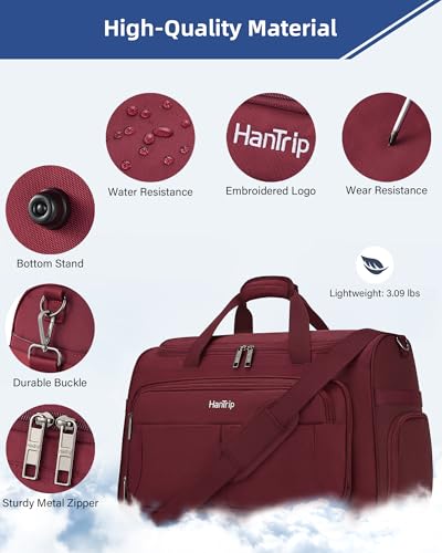 HanTrip 21 Inch Carry On Duffel Bag Foldable Overnight Tote Bags, Burgundy - color: Burgundy, size: Carry-on 21.5-Inch