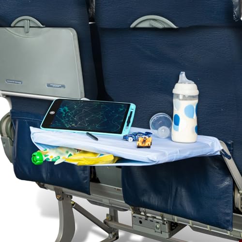 Airplane Tray Organizer/Tote with 4 Storage Pockets, Back Seat Airplane Tray Cover, Converts into a Drawstring Tote, Washable, Durable & Lightweight (2.8 oz) Airplane Travel Essentials - color: Powder Blue