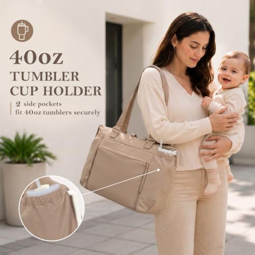 MOMINSIDE Diaper Bag Tote with Changing Station Convertible Diaper Bag Backpack Tote pañaleras para bebe Large Baby Bag, Hospital Bag Mommy Bag Travel Diaper Bag for Mom,16 Pockets, Khaki - color: Khaki