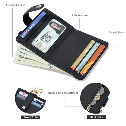 Airkit Small Wallet Women RFID, PU Leather Card Holder with Keychain - color: Black