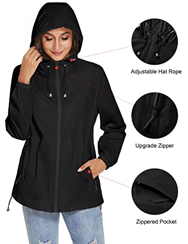 TCOT Womens Rain Jackets Waterproof Windbreaker Jackets lightweight Portable Rain Coat - color: Black, size: Medium