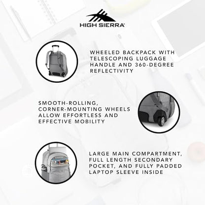 High Sierra Powerglide Pro Wheeled Daypack Backpack with 360 Degree Reflectivity, Telescoping Handle, Dual Side Pockets, and Laptop Sleeve, Fits Most 15.6" Laptops, 40L, Silver Heather - color: Silver Heather