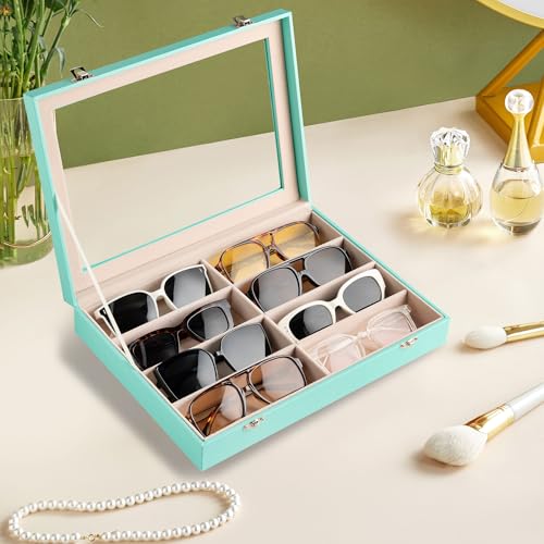 Frebeauty 8-Slot Sunglass Organizer,Sunglass Holder with Clear Lid - color: Turquoise, size: With Lid