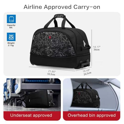 OIWAS Rolling Duffle Bag with Wheels, 22 inch Carry On Bag for Travel - color: Light Black