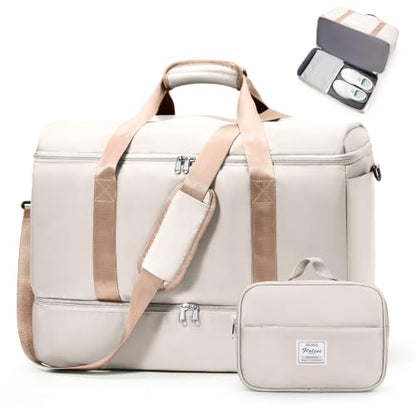 Travel Duffle Bag with Shoe Compartment, Overnight Weekender Bags for Women - color: Beige & Brown