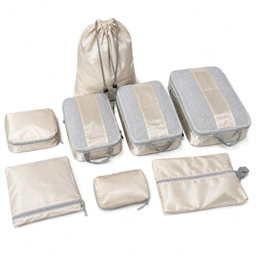 8 Piece Compression Packing Cubes Set for Travel, Large Capacity Space Saving Luggage Organizer with Double Zipper Compression, Shoe Bag, Toiletry Bag & Electronics Pouch, Beige
