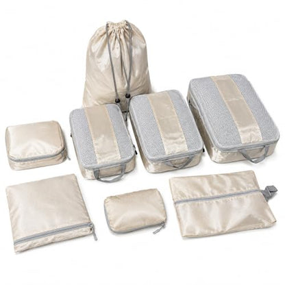 8 Piece Compression Packing Cubes Set for Travel, Large Capacity Space Saving Luggage Organizer with Double Zipper Compression, Shoe Bag, Toiletry Bag & Electronics Pouch, Beige