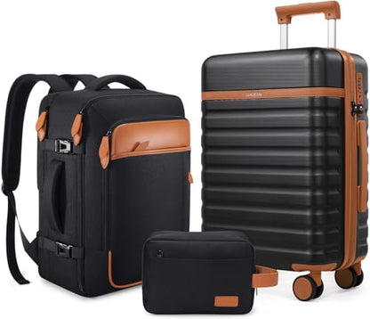 UKEIN Luggage Sets 3 Piece, 28in Checked Luggage With Travel Backpack - color: Black, size: 3 piece set (28inch)