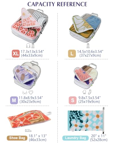 Gonex 6-Piece Compression Packing Cubes with Shoe & Laundry Bags | Floral Pattern, Ripstop Fabric, Double-Zip Compression, Carry-On Friendly, Lightweight - color: Flowers, size: 6 Set