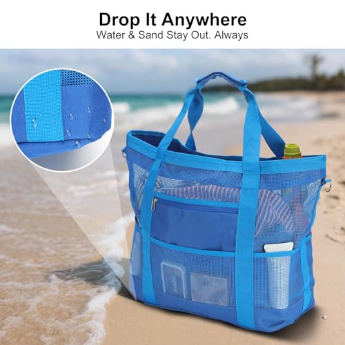 Mesh Beach Bags for Women - Plus Waterproof Sandproof Tote Bag - color: Blue With Top Zipper, size: Large