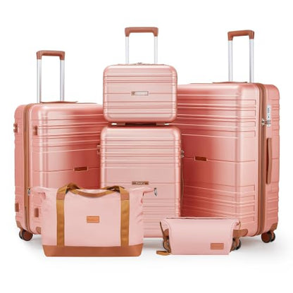 Luggage Sets with Spinner Wheels, Lightweight Hardshell Suitcase Set with TSA Lock, Carry On Checked Luggage Set with YKK Zippers (Pink, 6 piece sets（14/20/24/28/DB/TB）) - color: Pink, size: 6 piece sets（14/20/24/28/DB/TB）