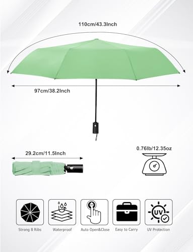 Windproof Travel Umbrella, Automatic Compact Folding Umbrella, Small Travel Size Umbrella for Rain, Backpack & Everyday Carry - color: Light Green