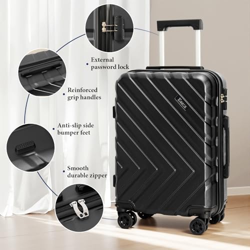 3 piece Carry on luggage 22x14x9 airline approved Black | Lightweight ABS Hardside Luggage, TSA-Approved combination Lock, Suitcases with Spinner Removable Wheels (20"/DB/TB) - color: Black