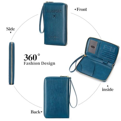 Leather RFID Blocking Passport Holder Travel Wallet, Passport Cover/Travel Wallet for Women/Men with - color: Peacock Blue