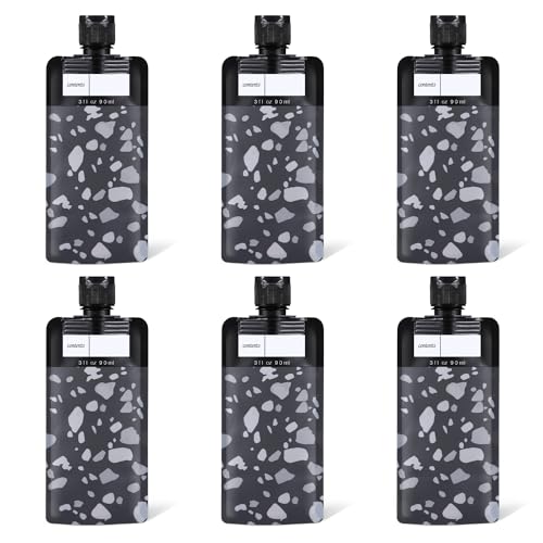 ASEVAT 3 oz 6pack Leak Proof Empty Squeeze Pouches Refillable Travel Size Containers Liquid Pouch Cosmetic Container TSA Approved Bag - color: Black