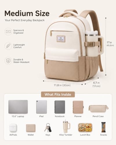 LOVEVOOK Laptop Backpack for Women & Teens, College Bag/40oz Cup Buckle - color: Khaki/Cream, size: 17.3inch