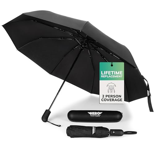 HERO Windproof Travel Umbrella – Premium Auto Open/Close, Lightweight, Compact, Portable Umbrella with 2-Person Coverage for Travel – Fits Easily in a Purse or Backpack - color: Black