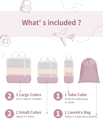 Narwey Compression Packing Cubes for Travel, Cute Luggage Organizer Bags - color: Dusty Rose