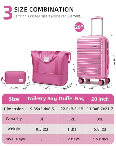 LARVENDER Carry on Luggage Sets 3 Piece, 20inch Suitcase Set, Glossy Berry - color: Glossy Berry 20inch, size: 3 Piece Set (20/DB/TB)