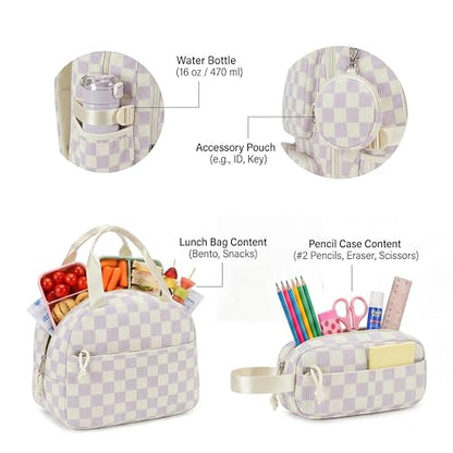 PiPiCat Backpack for Girls 4 in 1 Back to School Bookbag - color: K2 Checkered Purple