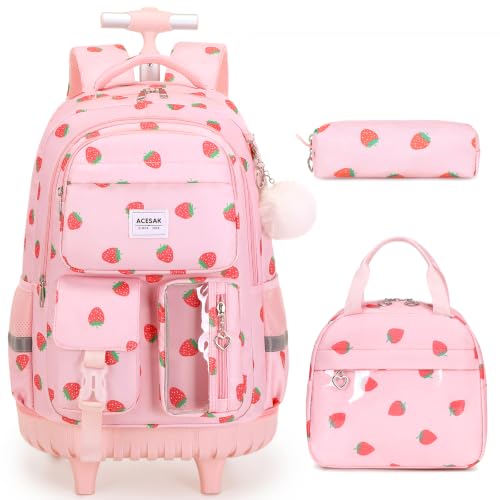 ACESAK Rolling Backpack for Girls with Lunch Box Pencil Case - color: Pink Strawberry