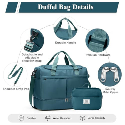 Travel Duffel Bag with Shoe Compartment,Overnight Weekender Bags for Women - color: Peacock Blue with Toiletry Bag