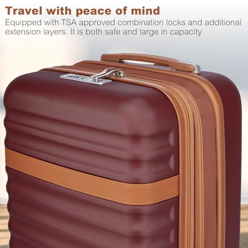 Kono Checked Luggage 24in Expandable Spinner TSA Lock ABS+PC Burgundy - color: Burgundy, size: Checked-medium 24-inch