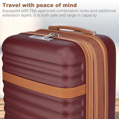 Kono Checked Luggage 24in Expandable Spinner TSA Lock ABS+PC Burgundy - color: Burgundy, size: Checked-medium 24-inch