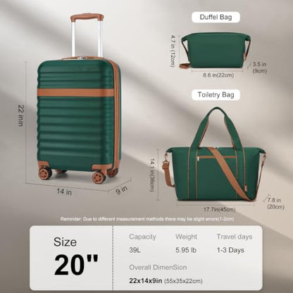 Kono 3-Piece Set 20in Expandable Carry-On Hardshell TSA Lock Green - color: Green/Brown, size: Carry-on travel set (db/tb/20")