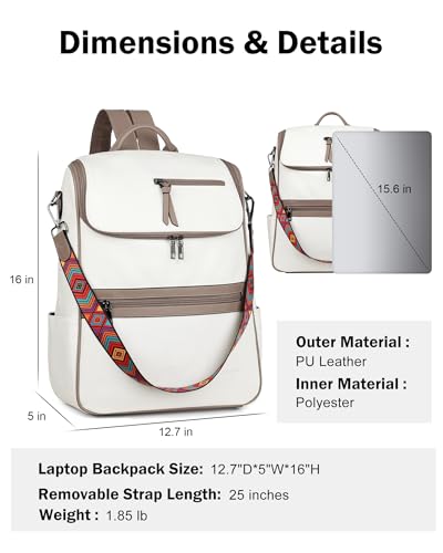 FADEON Laptop Backpack for Women, Vegan Leather 15.6 inch Computer bag - color: White Retro Style