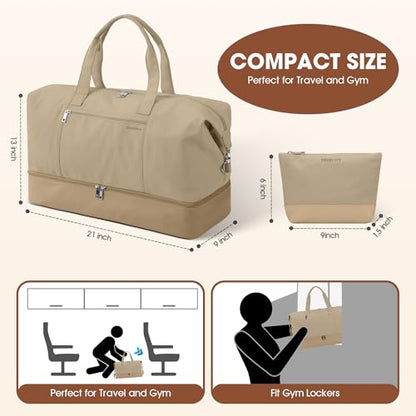 Women's Weekender bag Travel Duffel Bag with Shoe Compartment 21-inch Airline-Approved Carry-On, 2-Piece Overnight Bag Set Personal Item Luggage - color: 1-Khaki
