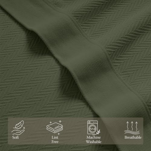 Threadmill Luxury 100% Cotton Queen Herringbone Blanket, Olive - color: Olive, size: Queen (90" x 92")