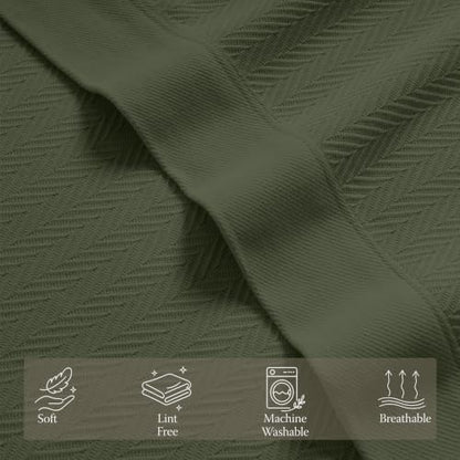 Threadmill Luxury 100% Cotton Queen Herringbone Blanket, Olive - color: Olive, size: Queen (90" x 92")