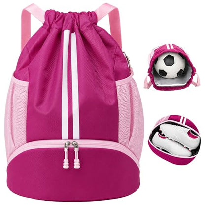 JELUTAR Soccer Bag, Drawstring Soccer Backpack with Shoe Compartment - color: Rose Pink, size: Large