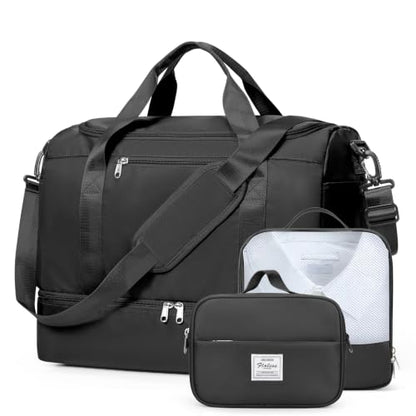 Travel Duffel Bag, Carry-On Overnight Weekender Bags with Shoes Compartment - color: Black 3Pcs Set, size: Small