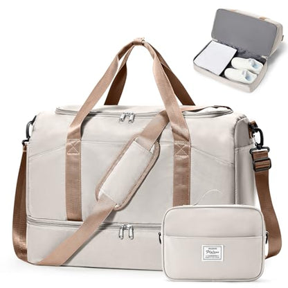 Large Travel Duffle Bag,Carry-on Overnight Weekender Bags for Women - color: Beige & Brown with Toiletry Bag