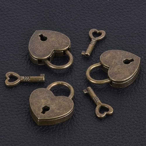 Lock Antique Brass Padlock with Key, Mini Bronze Vintage Heart Shape Anti-Theft Mini Padlock, Metal Heart Shaped Archaize Style, Travel Suitcase Luggage, Keyed, Hasps