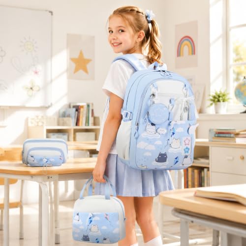 DIGOBAY Backpack for Girls, 5PCS School Bookbag with Lunch Box Pencil Case - color: Blue Cat