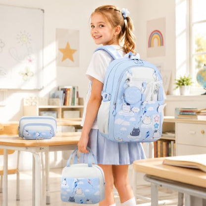 DIGOBAY Backpack for Girls, 5PCS School Bookbag with Lunch Box Pencil Case - color: Blue Cat