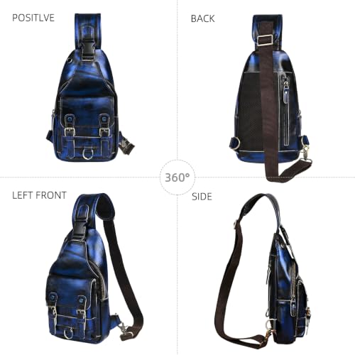 Genuine Leather Hiking Travel DayPack Sling Crossbody Triangle Chest Pack Bag For Men Women 8241 (D-258204 Blue) - color: D-258204 Blue