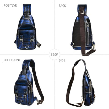 Genuine Leather Hiking Travel DayPack Sling Crossbody Triangle Chest Pack Bag For Men Women 8241 (D-258204 Blue) - color: D-258204 Blue