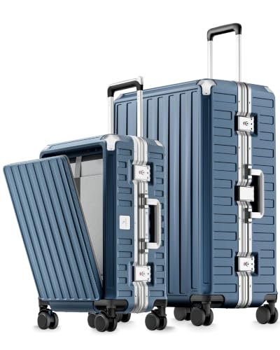 LUGGEX 2PC Front Open Zipperless Luggage Set, Aluminum Frame, Ocean Blue - color: Ocean Blue, size: 2 Piece Set（21 Pro/28）