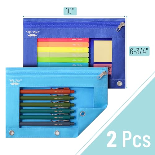 Mr. Pen- Pencil Pouch for 3 Ring Binder, 2 Pack, 10"x6.75", Smooth Zipper - color: Blue Shades, size: 2 Pack