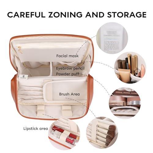 GIVLEFLY Standing Makeup Bag for Women, Large Travel Cosmetic Organizer - color: Brown