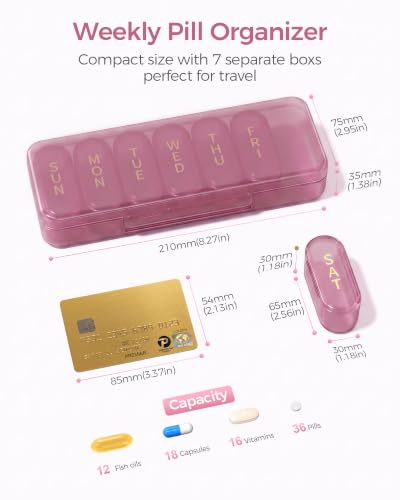 Daviky Weekly Pill Organizer with Large Capacity, 7 Day Pill Case 1x a Day - color: Pink Purple