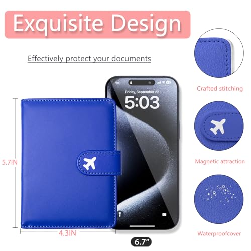 Passport Holder, Cute Travel Wallet Cover with RFID Blocking,Blue | PU leather travel wallet with magnetic closure, card slots, pen loop, and easy access for passports and essentials. - color: T-Blue