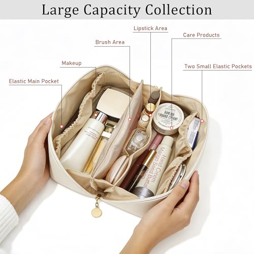 Gifts for Women Bridesmaid Initial Makeup Bag | Personalized PU Leather Cosmetic Waterproof Travel Toiletry Bag (Large-Beige-M) - color: LargeBeige, style: M