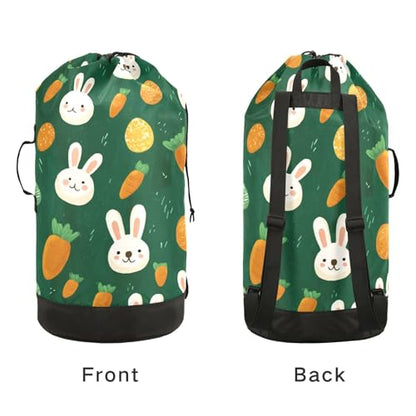 Dark Green Easter Bunny Eggs Carrots Laundry Backpack Bag with Adjustable Shoulder Straps Handle Dirty Laundry Hamper Bag for Traveling Camp College Dorm Heavy Duty Waterproof Large Capacity - color: Dark Green Easter Bunny Eggs Carrots